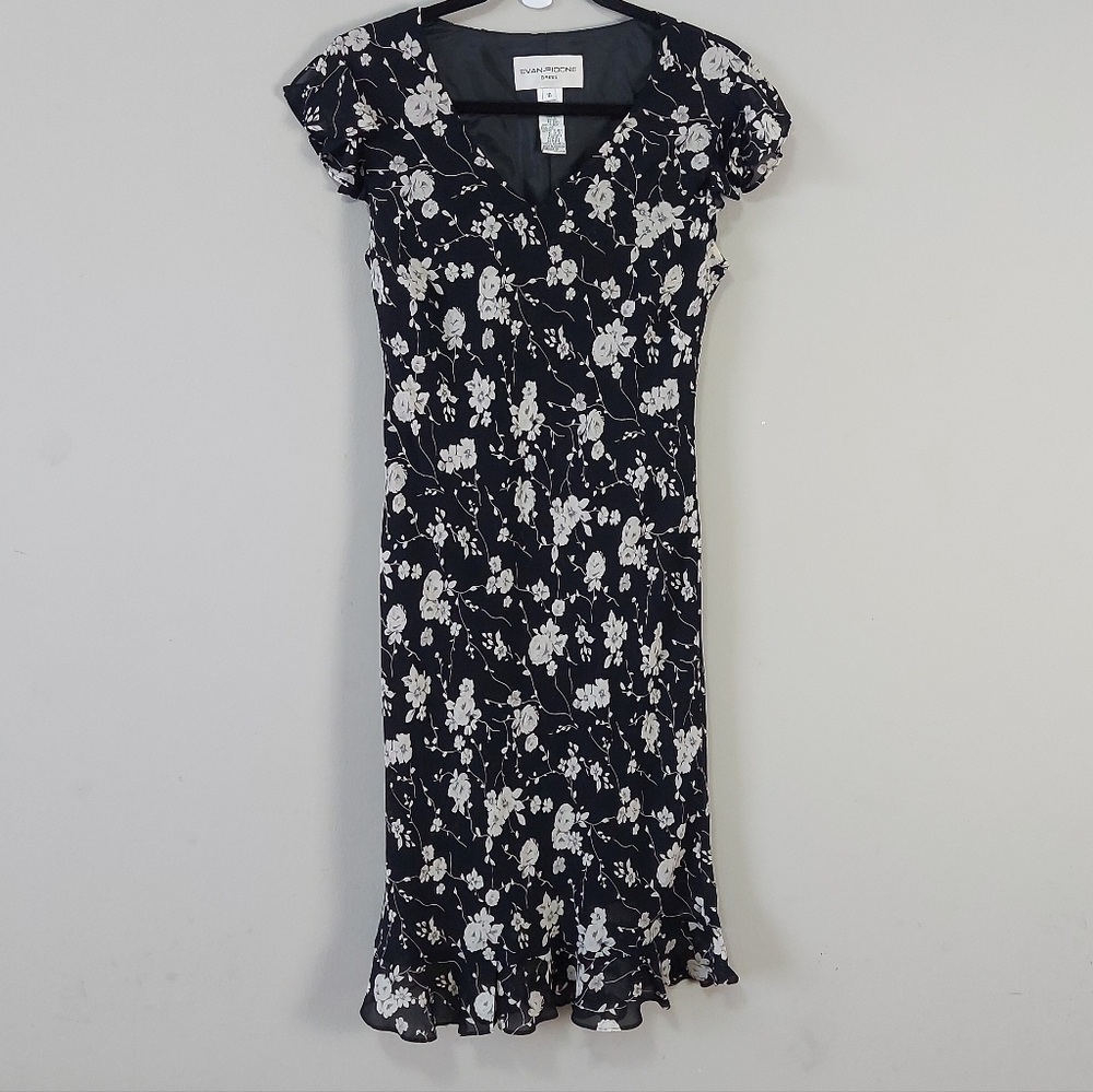 VTG Evan Picone V-neck Fitted Short Ruffle Sleeves Aline Floral Midi Dress 10